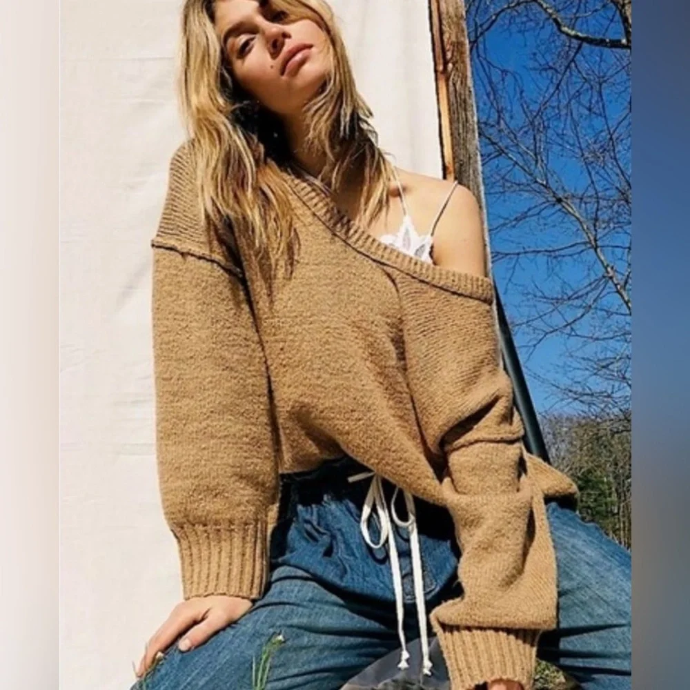 Free People Brookside Boho Soft Oversized Scoopneck Tunic Sweater Desert Camel M